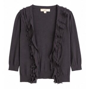 Ann Taylor LOFT Womens Dark Charcoal Grey Ruffle Trim Open Front Cardigan Size M